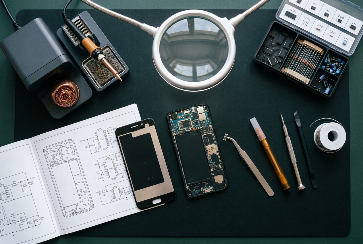 Organized mobile repair workbench with schematic diagrams, soldering station, and precision tools