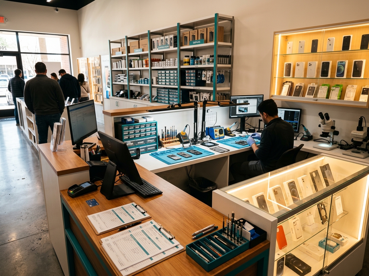 Professional mobile phone repair shop interior