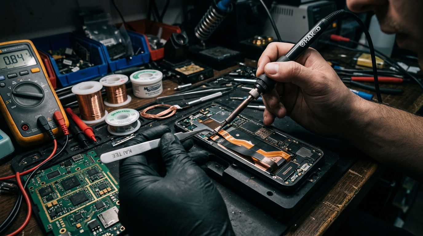 Mobile repair technician at work with soldering tools and circuit boards