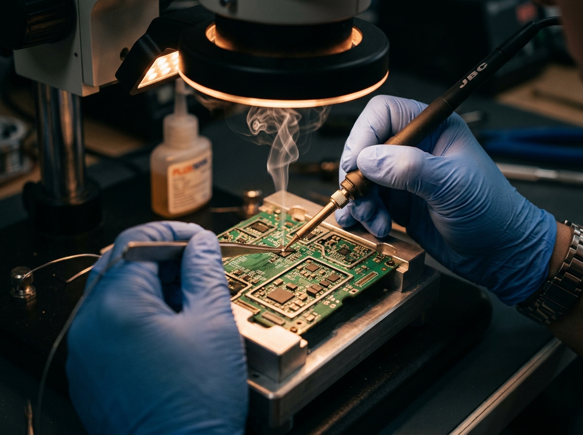 Close-up of micro-soldering on a smartphone circuit board under a microscope